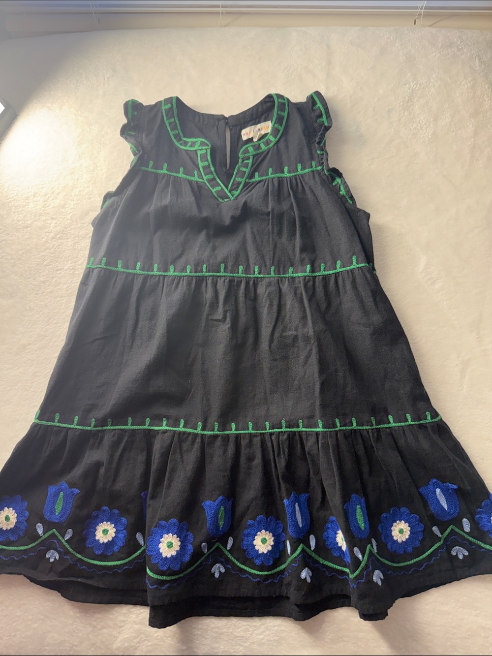 Roller Rabbit Black Dress with Green Trim and Blue Floral Hem Embroidery